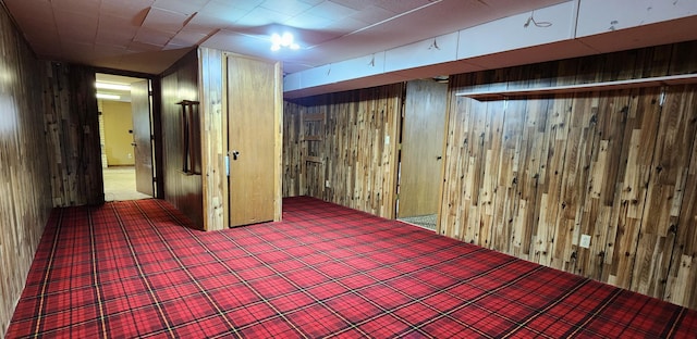 finished basement with wood walls and carpet flooring