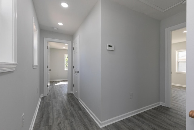 2120 N Broadway Ave, Springfield, MO 65803 - hallway featuring baseboards, recessed lighting, and dark wood-style floors
