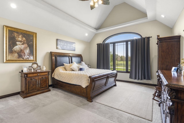 bedroom featuring baseboards, recessed lighting, light carpet, and lofted ceiling