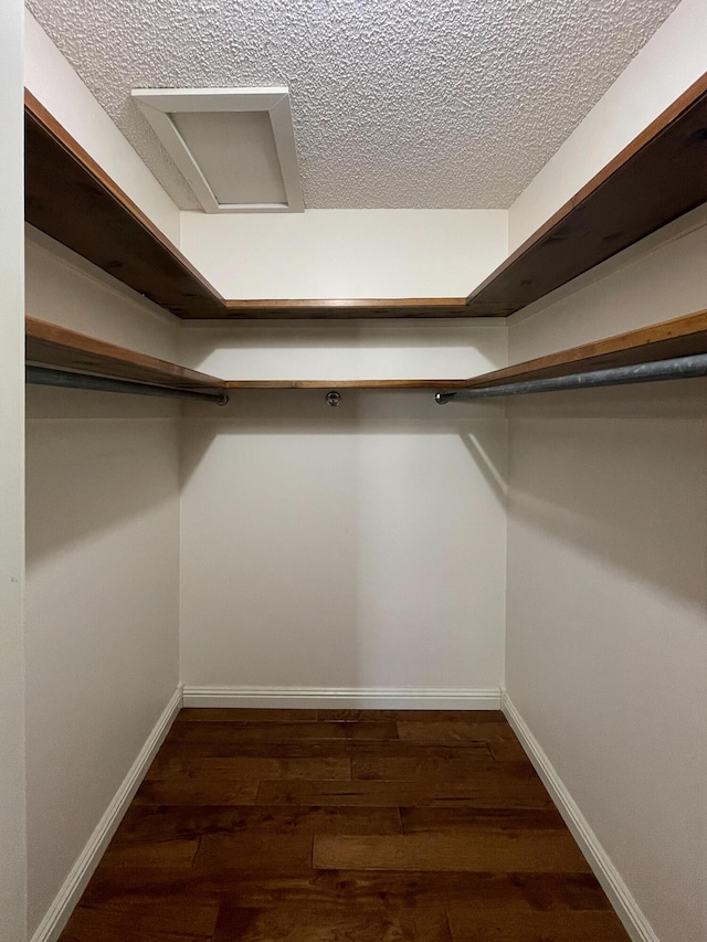 spacious closet with attic access and wood finished floors