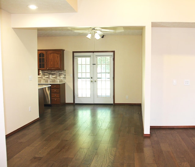 170 Oakridge Ave, Branson, MO 65616 - kitchen with ceiling fan, french doors, dark wood-style flooring, light countertops, and backsplash