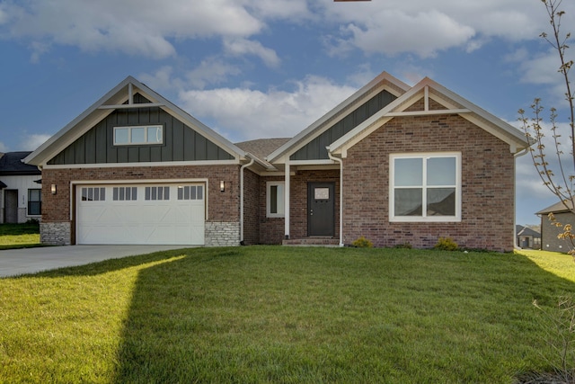 5896 Applewood Ave, Springfield, MO 65810 - craftsman inspired home featuring a front lawn, driveway, board and batten siding, a garage, and brick siding