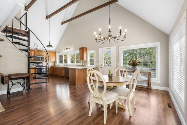 dining room with beam ceiling, high vaulted ceiling, dark wood-style flooring, and an inviting chandelier