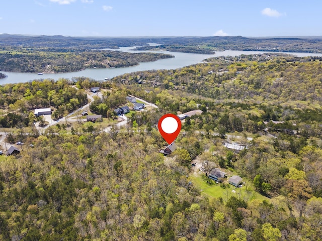 bird's eye view featuring a view of trees and a water view