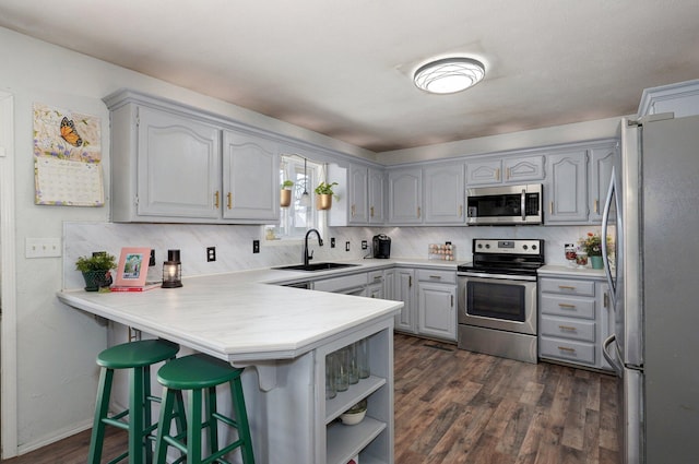 625 Parkwood Dr, Mount Vernon, MO 65712 - kitchen featuring stainless steel appliances, a sink, gray cabinetry, a peninsula, and dark wood-style flooring
