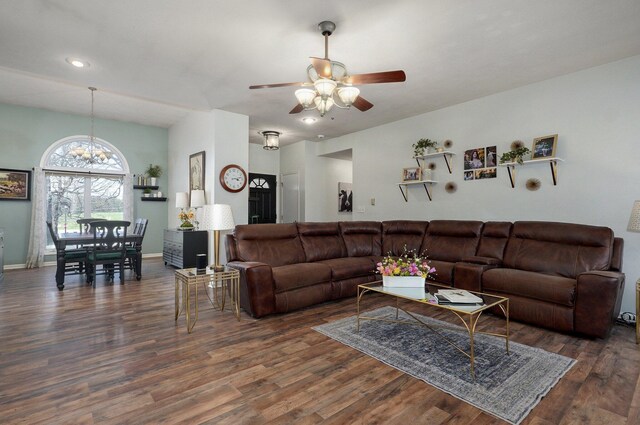 625 Parkwood Dr, Mount Vernon, MO 65712 - living area with ceiling fan with notable chandelier, baseboards, wood finished floors, and recessed lighting