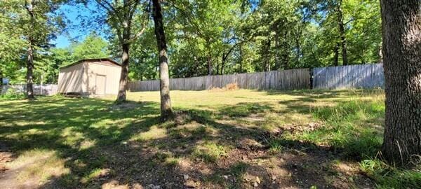 view of yard featuring a fenced backyard, an outbuilding, and a shed