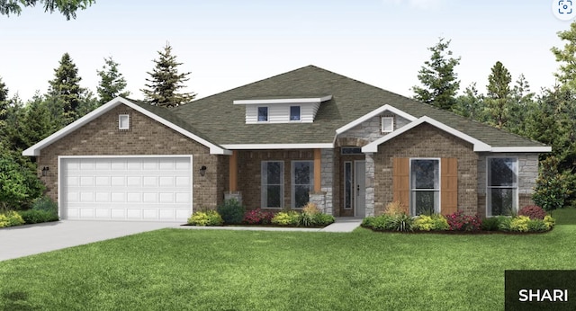 craftsman inspired home featuring an attached garage, roof with shingles, a front yard, and concrete driveway