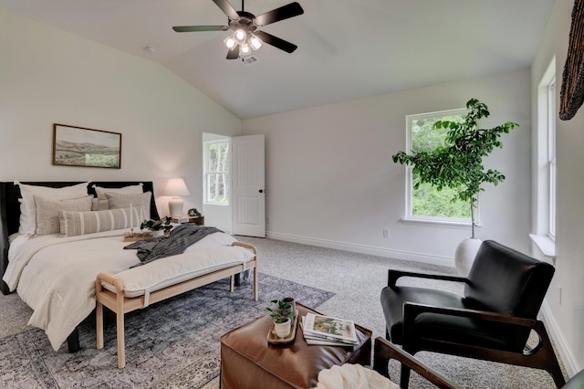 bedroom featuring baseboards, carpet, visible vents, lofted ceiling, and a ceiling fan