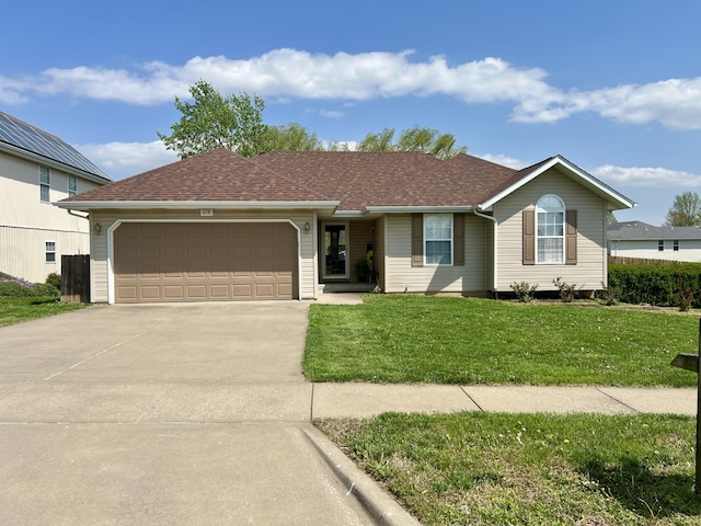 418 N Harrington Dr, Republic, MO 65738 - ranch-style home featuring an attached garage, a shingled roof, a front yard, and concrete driveway