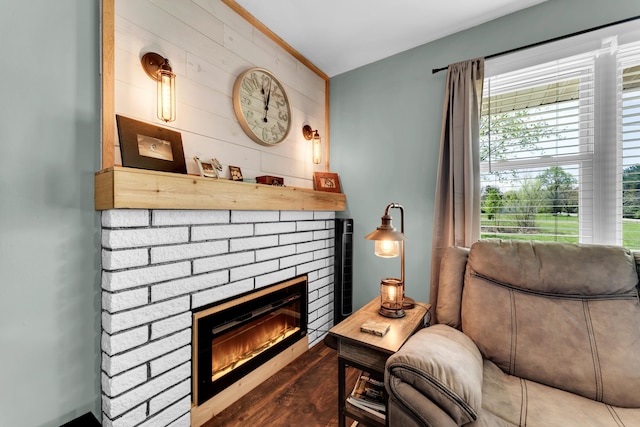 living area featuring wood finished floors and a fireplace