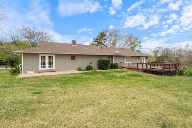 101 Poindexter Dr, Pineville, MO 64856 - rear view of property featuring a chimney, a yard, a patio area, french doors, and a deck