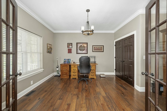 office featuring a notable chandelier, french doors, ornamental molding, dark wood-type flooring, and visible vents