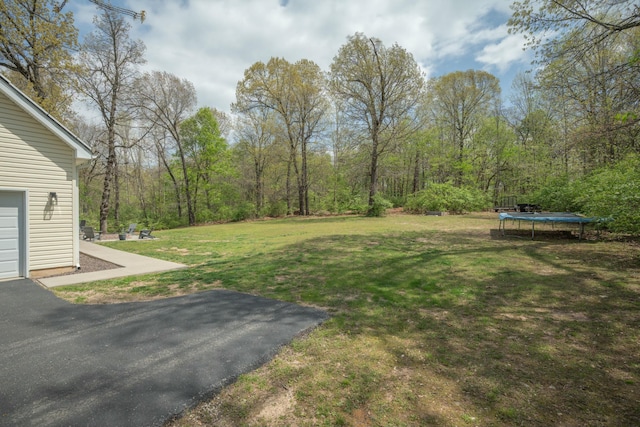 view of yard with a view of trees and a trampoline