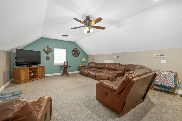 living room with vaulted ceiling, ceiling fan, light colored carpet, baseboards, and visible vents