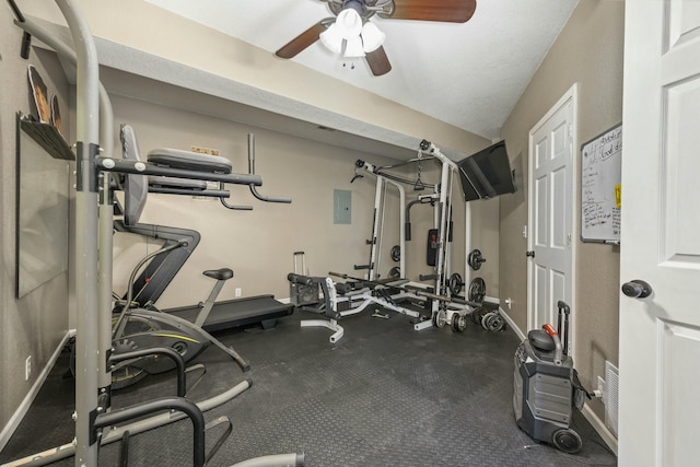 exercise room with electric panel, baseboards, and ceiling fan