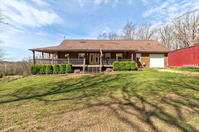 7745 Murr Rd, Graff, MO 65660 - rear view of property featuring a garage, a yard, and log exterior