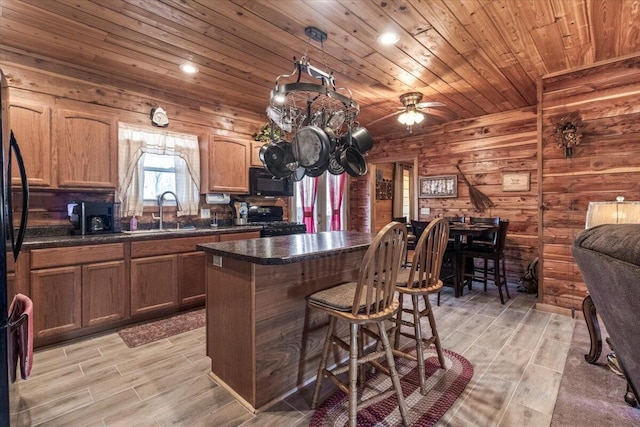 7745 Murr Rd, Graff, MO 65660 - kitchen featuring dark countertops, light wood-style flooring, a sink, and black appliances
