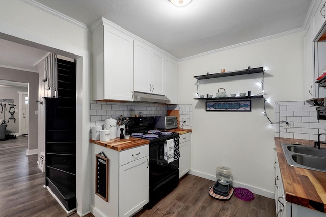 953 S Weaver Ave, Springfield, MO 65806 - kitchen with wood counters, electric range, crown molding, a sink, and backsplash