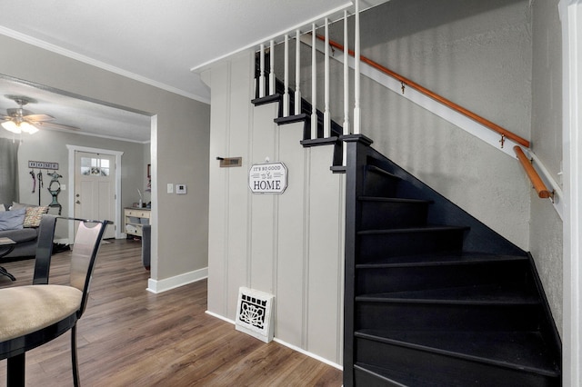 953 S Weaver Ave, Springfield, MO 65806 - stairs featuring ornamental molding, wood finished floors, baseboards, and a ceiling fan