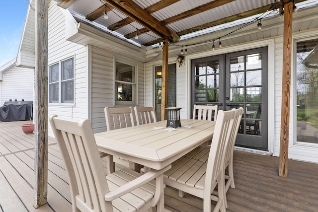 344 Zinnia Ln, Kirbyville, MO 65679 - wooden terrace with french doors, outdoor dining area, and grilling area