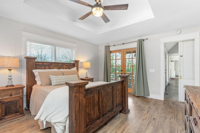 344 Zinnia Ln, Kirbyville, MO 65679 - bedroom featuring a tray ceiling, light wood-style flooring, access to outside, and ceiling fan