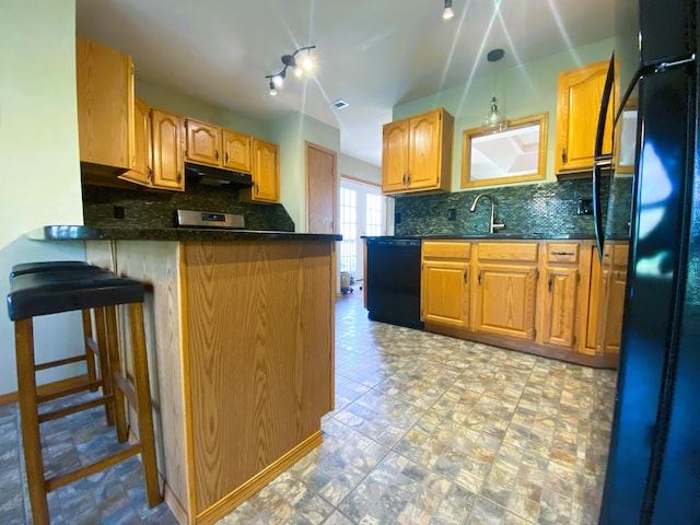 6475 S Farm Rd Unit 193, Rogersville, MO 65742 - kitchen featuring black appliances, extractor fan, a sink, backsplash, and a peninsula