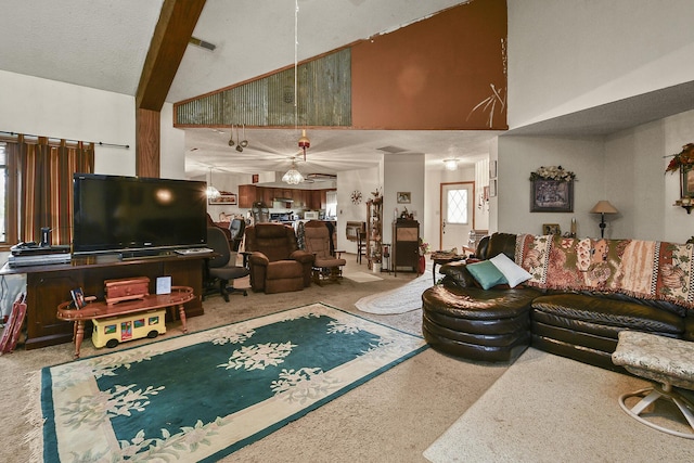 8100 Creek Rd, Hartville, MO 65667 - living room featuring visible vents and high vaulted ceiling