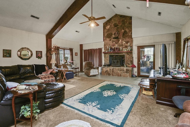 8100 Creek Rd, Hartville, MO 65667 - living area featuring carpet floors, visible vents, a ceiling fan, and high vaulted ceiling