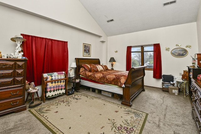 8100 Creek Rd, Hartville, MO 65667 - bedroom featuring high vaulted ceiling, carpet floors, and visible vents