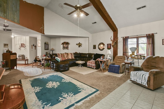 8100 Creek Rd, Hartville, MO 65667 - living room with high vaulted ceiling, ceiling fan, light carpet, and visible vents