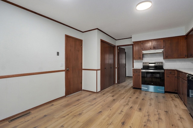 4542 S Holiday Ave, Springfield, MO 65810 - kitchen featuring stainless steel range with electric cooktop, light countertops, light wood-style flooring, under cabinet range hood, and visible vents