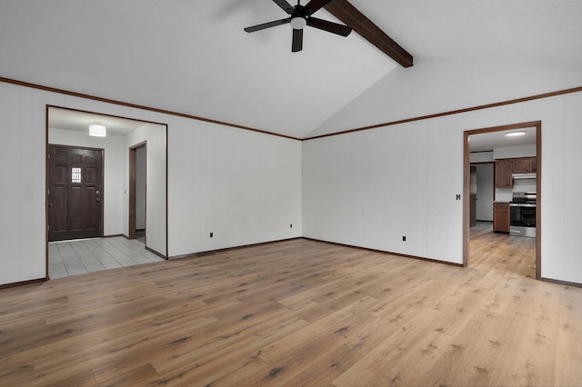 4542 S Holiday Ave, Springfield, MO 65810 - unfurnished living room with lofted ceiling with beams, a ceiling fan, baseboards, and light wood-style floors