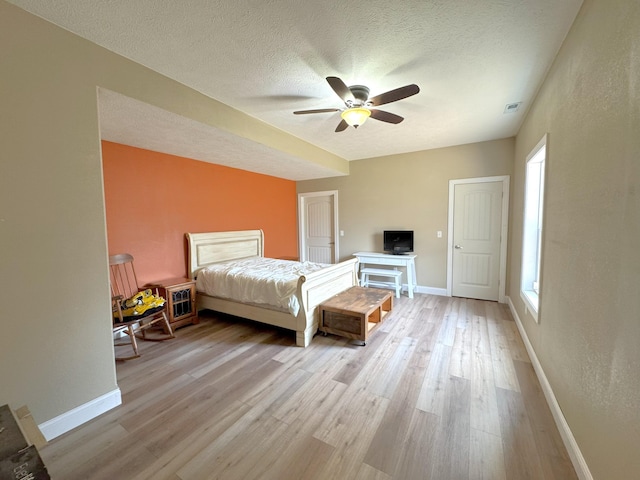 bedroom with light wood-type flooring, visible vents, and baseboards