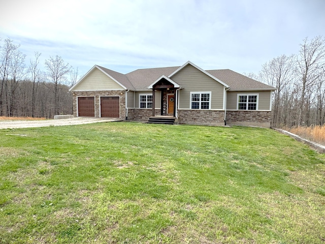 craftsman inspired home with an attached garage, driveway, stone siding, and a front lawn