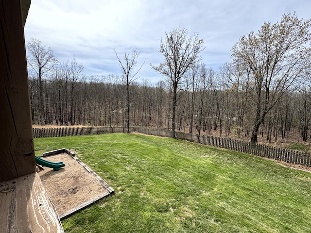 view of yard featuring a fenced backyard and a view of trees