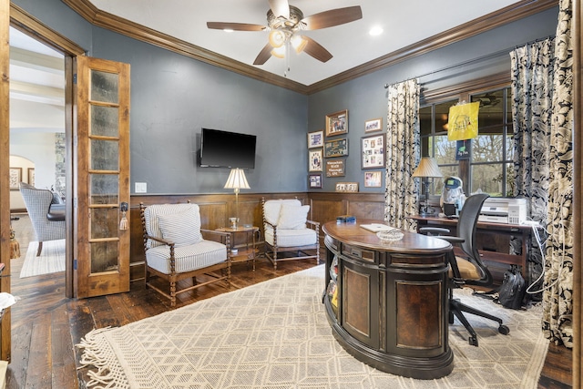 845 W Farm Road 96, Springfield, MO 65803 - office area with wainscoting, wood-type flooring, a ceiling fan, and ornamental molding