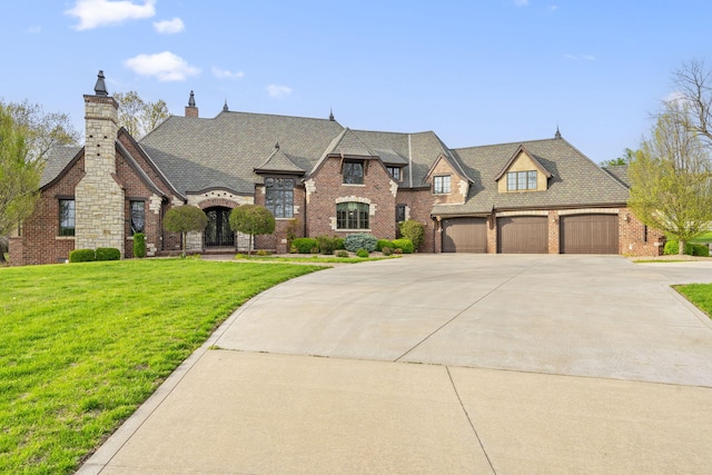 845 W Farm Road 96, Springfield, MO 65803 - french provincial home with concrete driveway, brick siding, a chimney, and a front yard