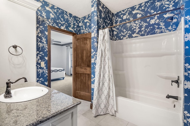 845 W Farm Road 96, Springfield, MO 65803 - full bathroom with shower / bath combination with curtain, wallpapered walls, vanity, and tile patterned floors