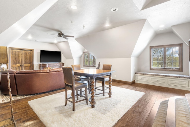 845 W Farm Road 96, Springfield, MO 65803 - dining space with dark wood finished floors, lofted ceiling, baseboards, and ceiling fan