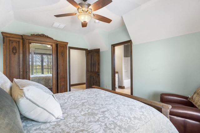 845 W Farm Road 96, Springfield, MO 65803 - bedroom featuring vaulted ceiling, visible vents, light carpet, and ceiling fan
