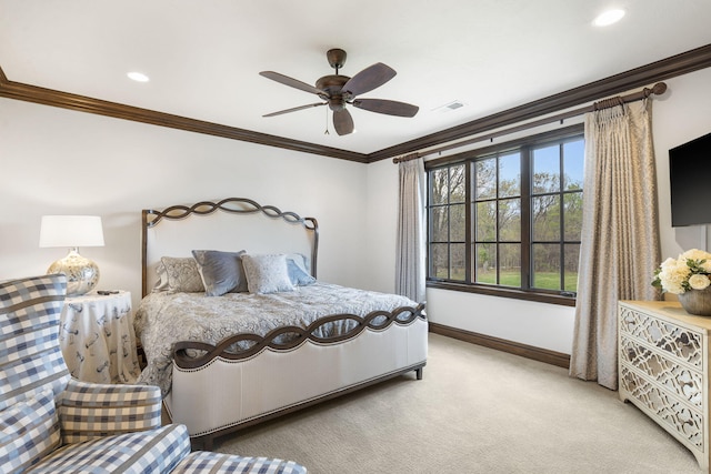 845 W Farm Road 96, Springfield, MO 65803 - bedroom featuring visible vents, baseboards, light colored carpet, a ceiling fan, and ornamental molding