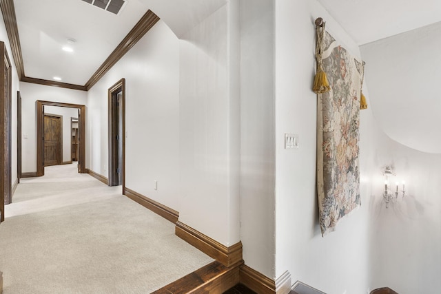 845 W Farm Road 96, Springfield, MO 65803 - hall with visible vents, light carpet, baseboards, and crown molding