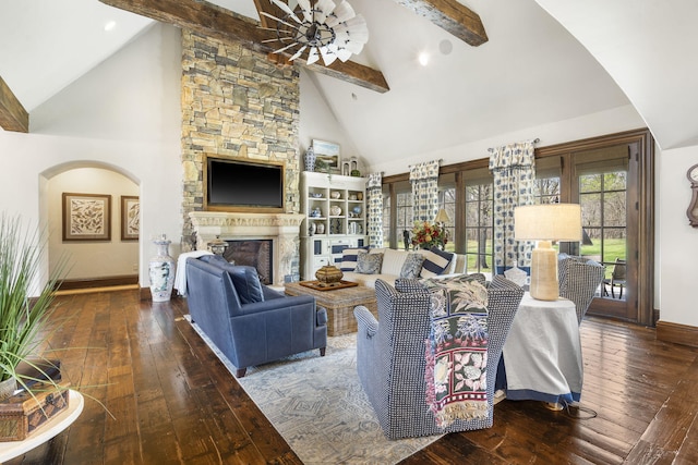 845 W Farm Road 96, Springfield, MO 65803 - living area featuring beamed ceiling, baseboards, a fireplace, hardwood / wood-style flooring, and high vaulted ceiling