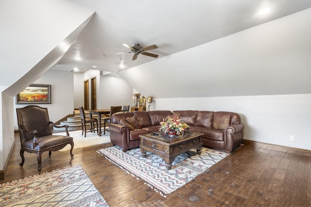 845 W Farm Road 96, Springfield, MO 65803 - living room with hardwood / wood-style floors, baseboards, lofted ceiling, and ceiling fan