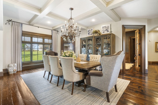 845 W Farm Road 96, Springfield, MO 65803 - dining room featuring beamed ceiling, arched walkways, hardwood / wood-style flooring, and a notable chandelier