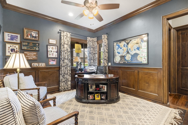 845 W Farm Road 96, Springfield, MO 65803 - home office with light wood-style floors, a ceiling fan, ornamental molding, and wainscoting
