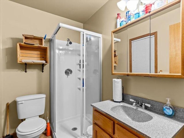 bathroom featuring a shower stall, toilet, and vanity