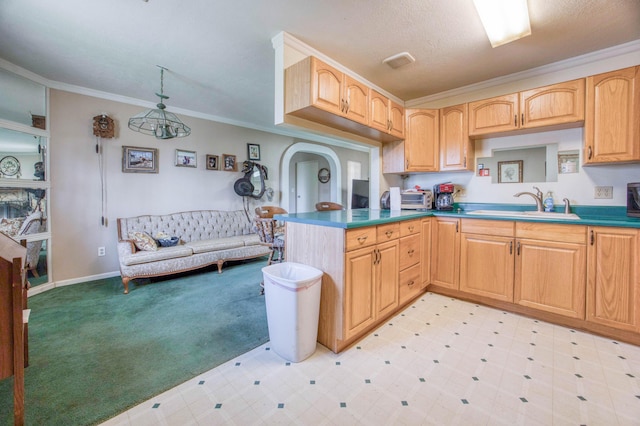kitchen featuring dark countertops, visible vents, a sink, crown molding, and light colored carpet