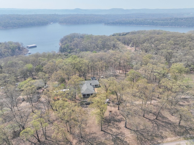aerial view featuring a forest view and a water view